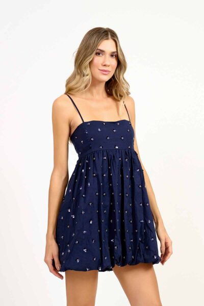 Vestido Balone Flores Azul Marinho