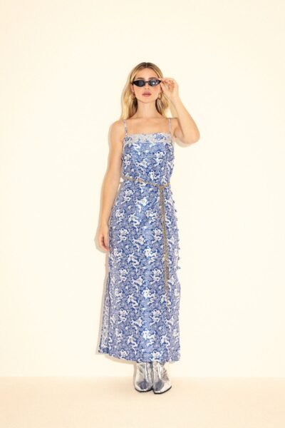 Vestido Midi Jacquard Chinês Azul e Prata