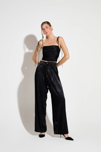 Calça Pantalona Luz Cetim Preta