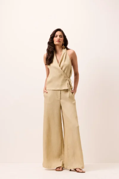 Calça Pantalona Linen Ostra Areia