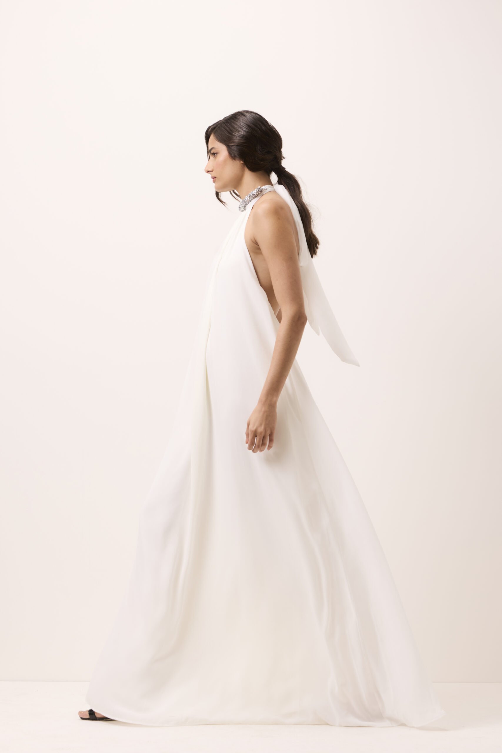 Vestido Longo Paula Off White em Mousseline Frente Unica - Imagem 4