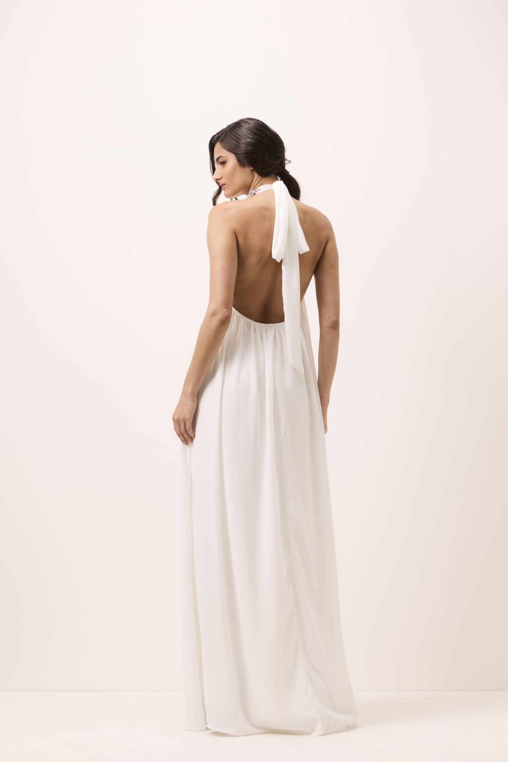 Vestido Longo Paula Off White em Mousseline Frente Unica - Imagem 3