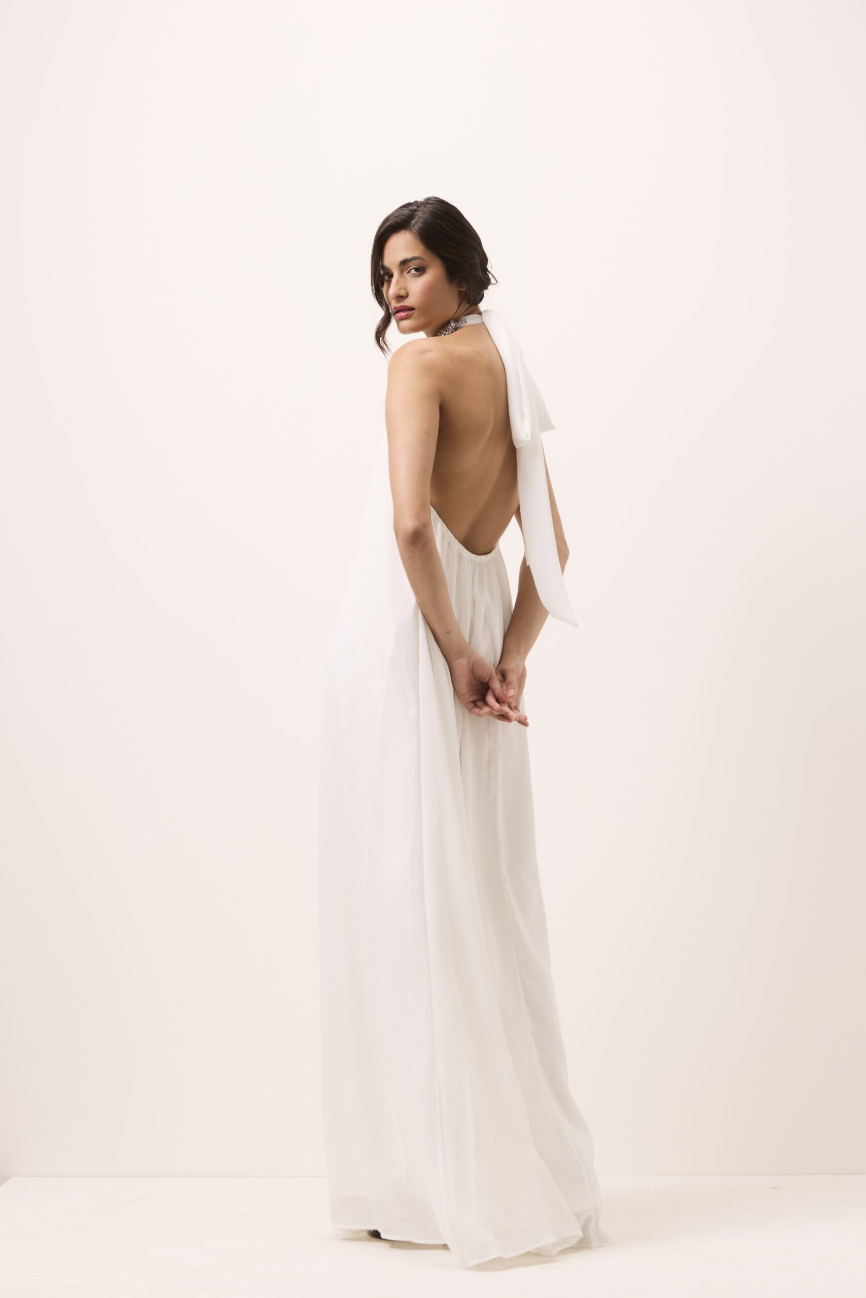 Vestido Longo Paula Off White em Mousseline Frente Unica - Imagem 5