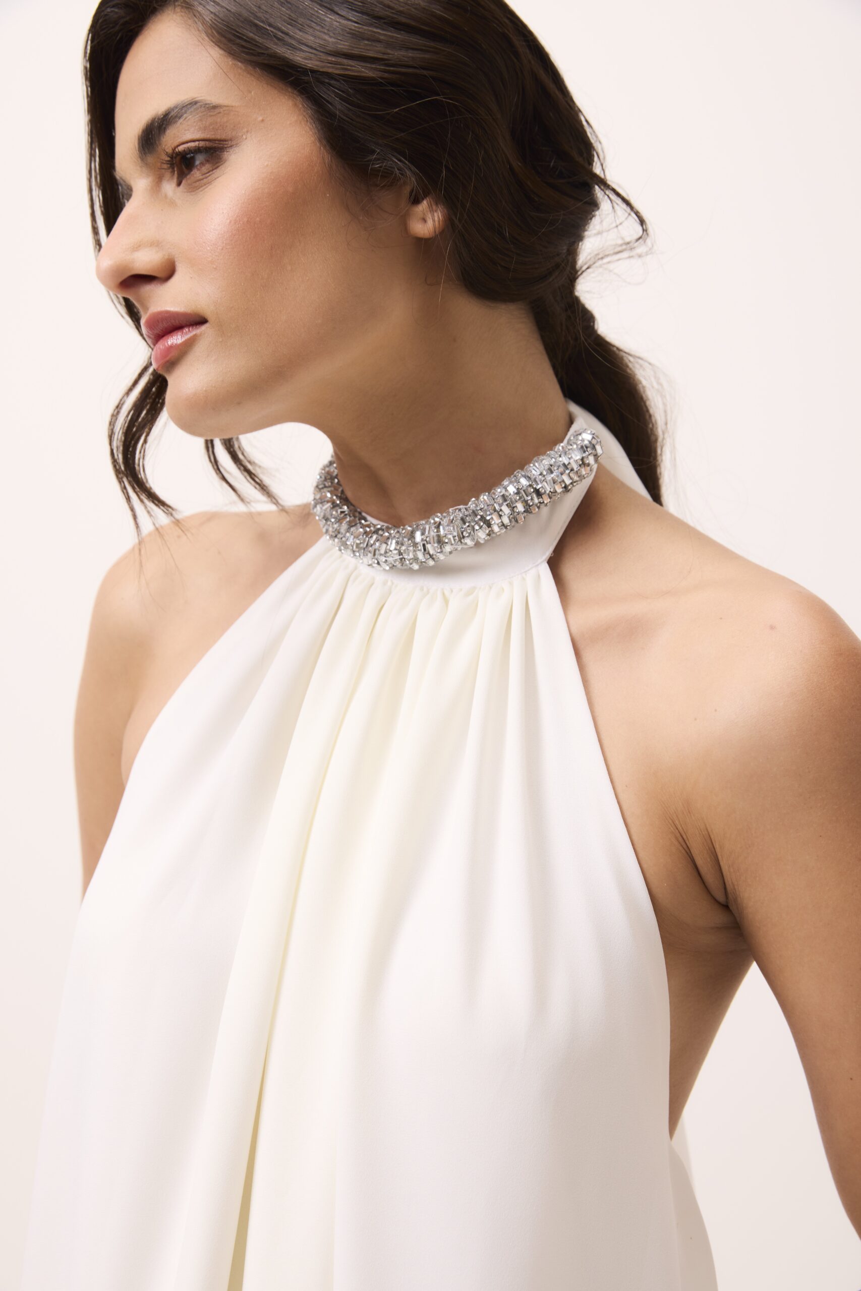 Vestido Longo Paula Off White em Mousseline Frente Unica - Imagem 2