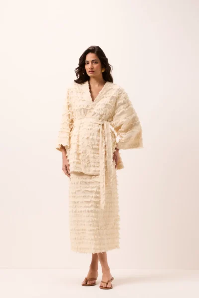 Saia Lápis Midi Franjas Algodão